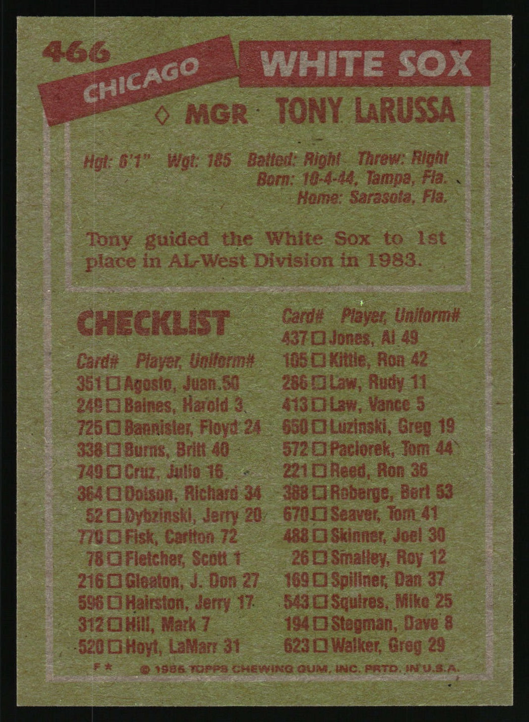 1985 Topps #466 Tony LaRussa