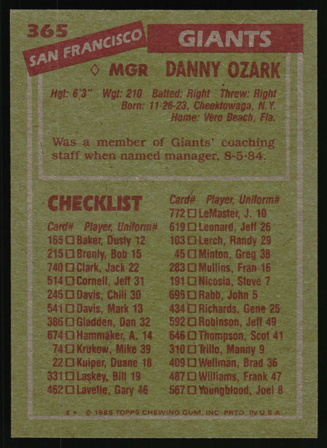 1985 Topps #365 Danny Ozark