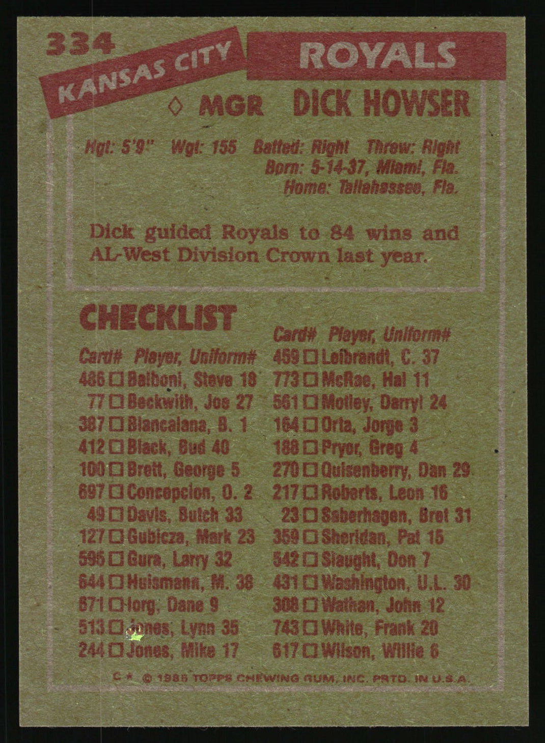 1985 Topps #334 Dick Howser