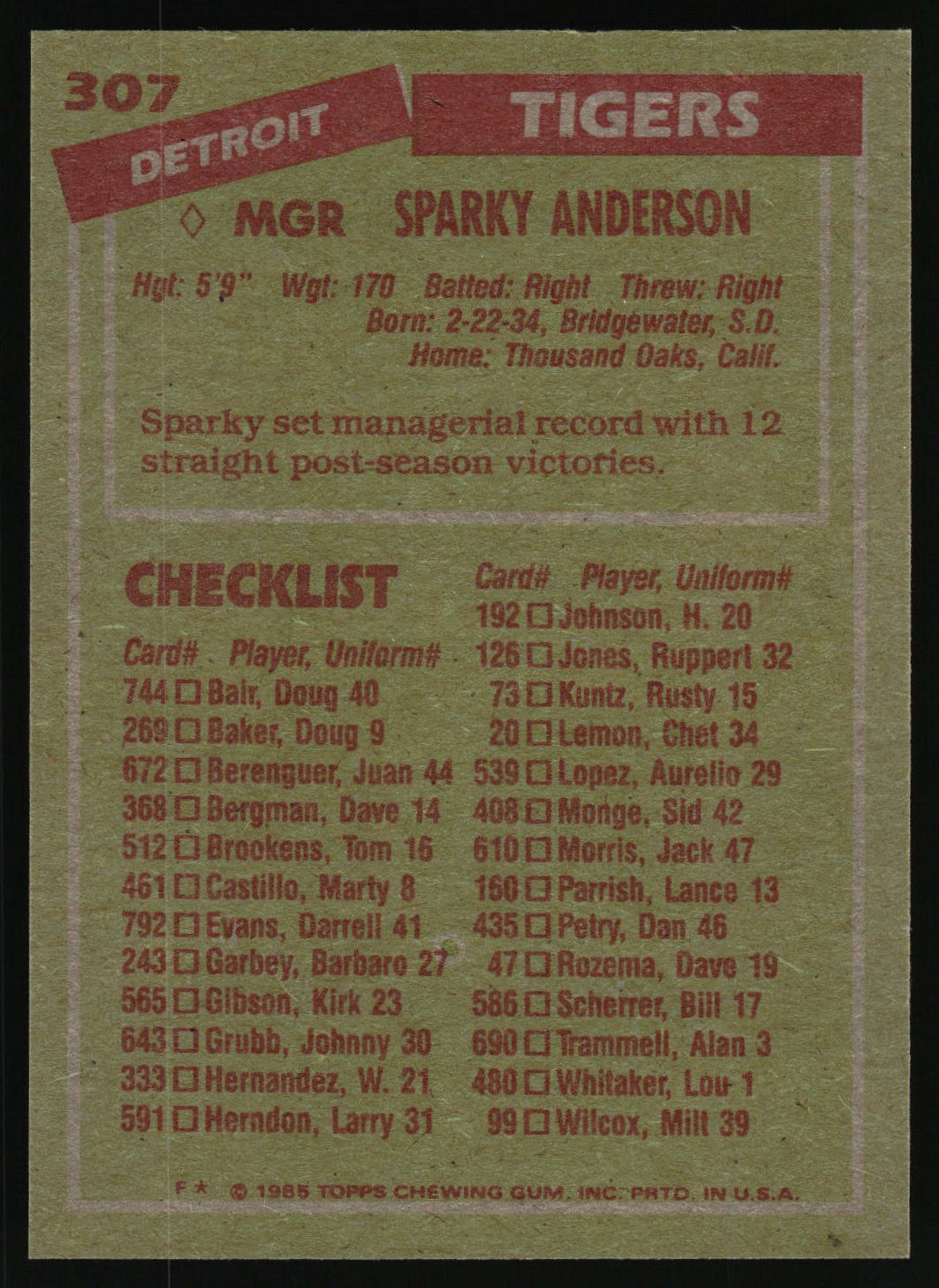 1985 Topps #307 Sparky Anderson
