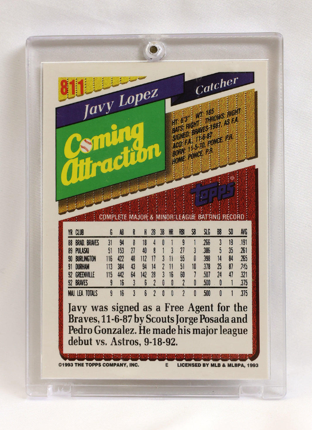 1993 Topps #811 Javy Lopez Gold