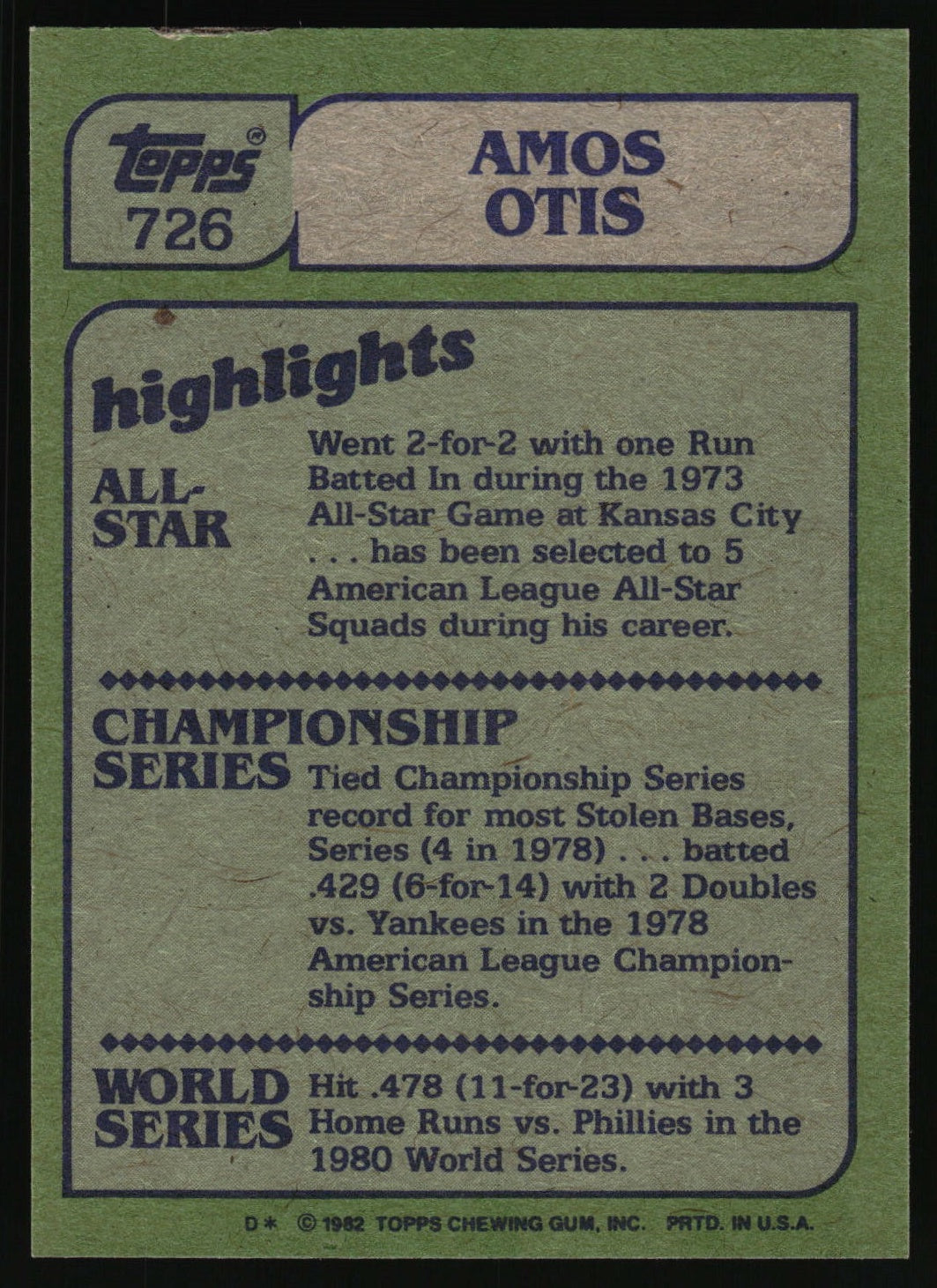 1982 Topps #726 Amos Otis