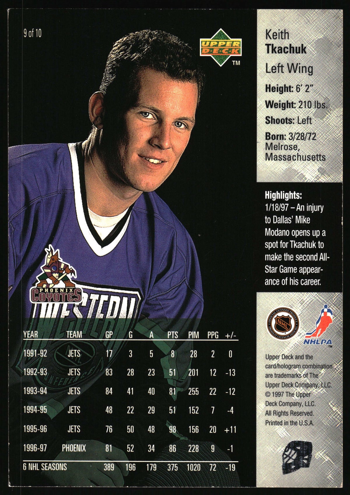 1997-98 Upper Deck #9 Keith Tkachuk Series One Jumbo