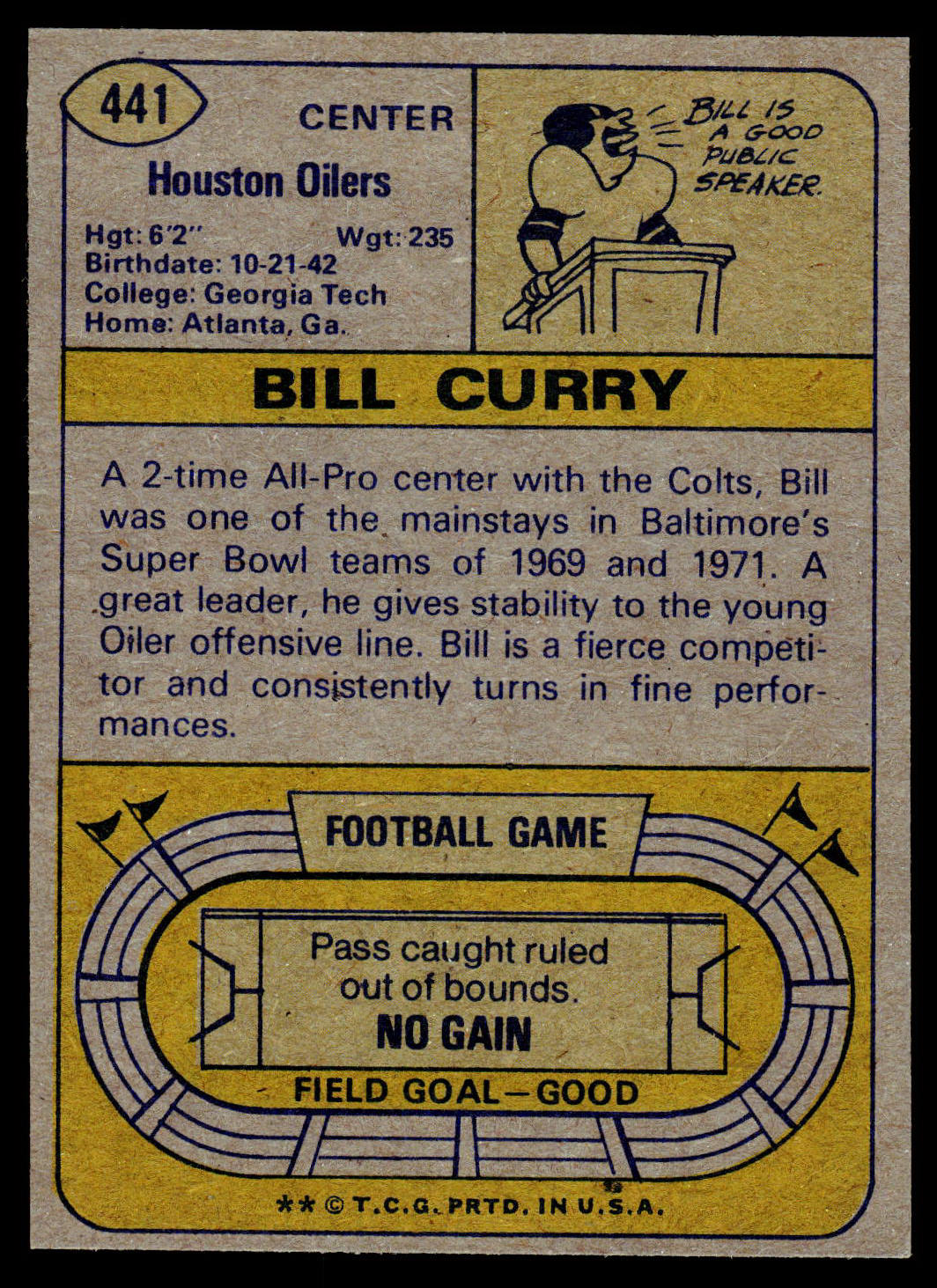 1974 Topps #441 Bill Curry
