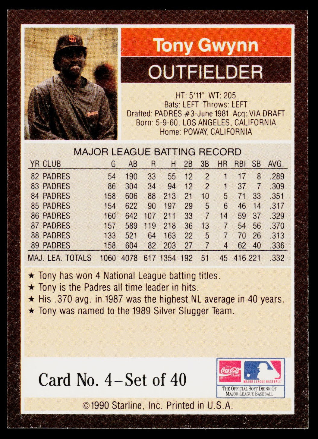 1990 Starline Long John Silver #4 Tony Gwynn