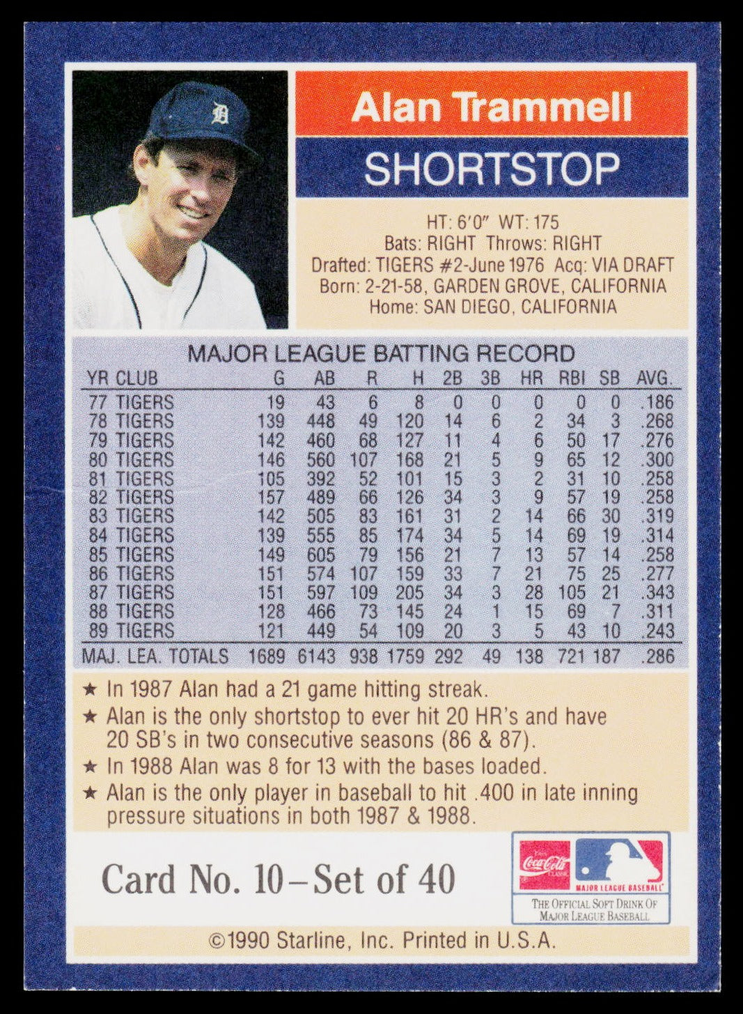 1990 Starline Long John Silver #10 Alan Trammell