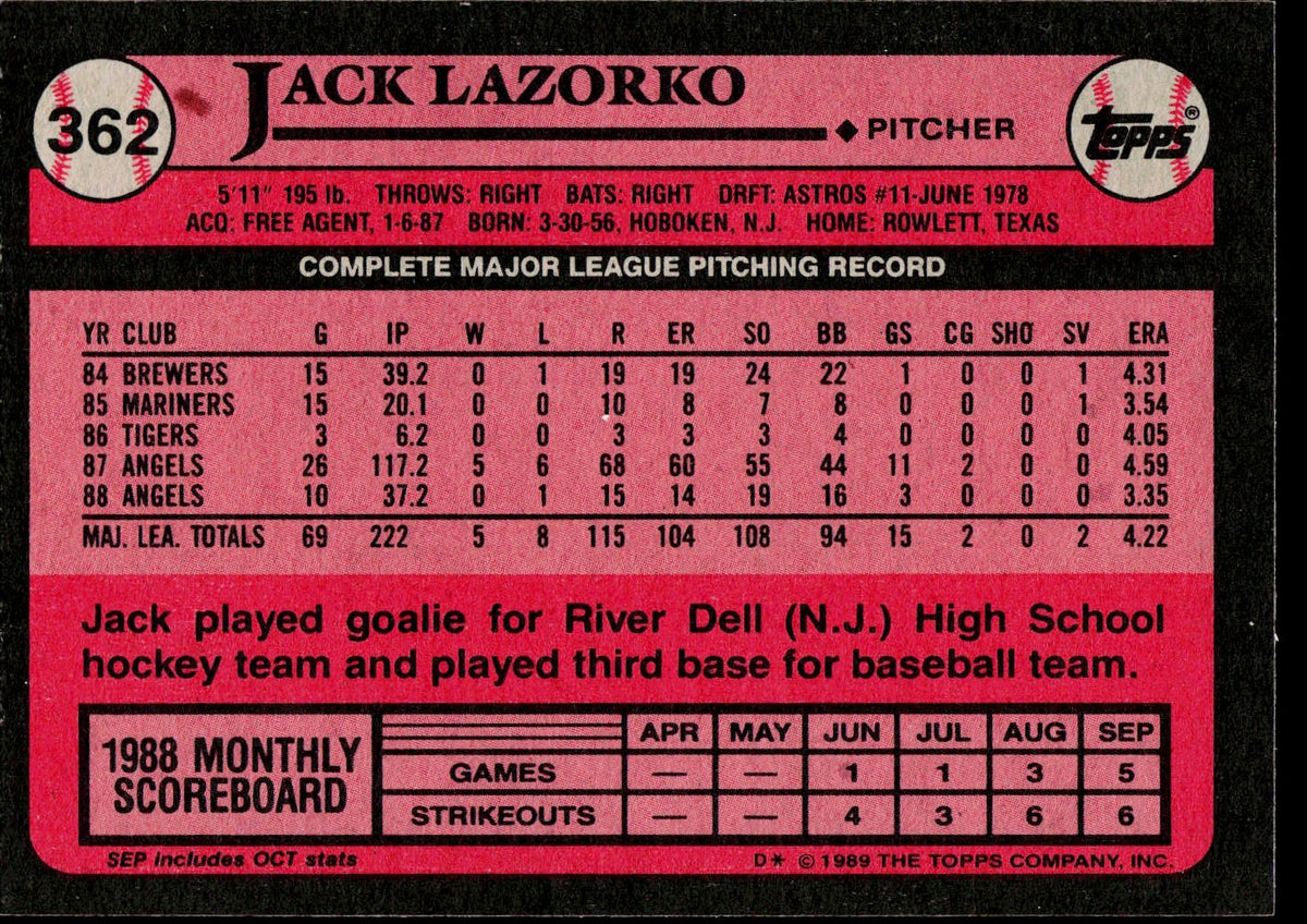 1989 Topps #362 Jack Lazorko