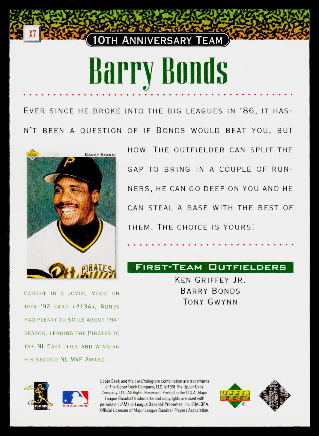 1999 Upper Deck #X7 Barry Bonds 10th Anniversary Team