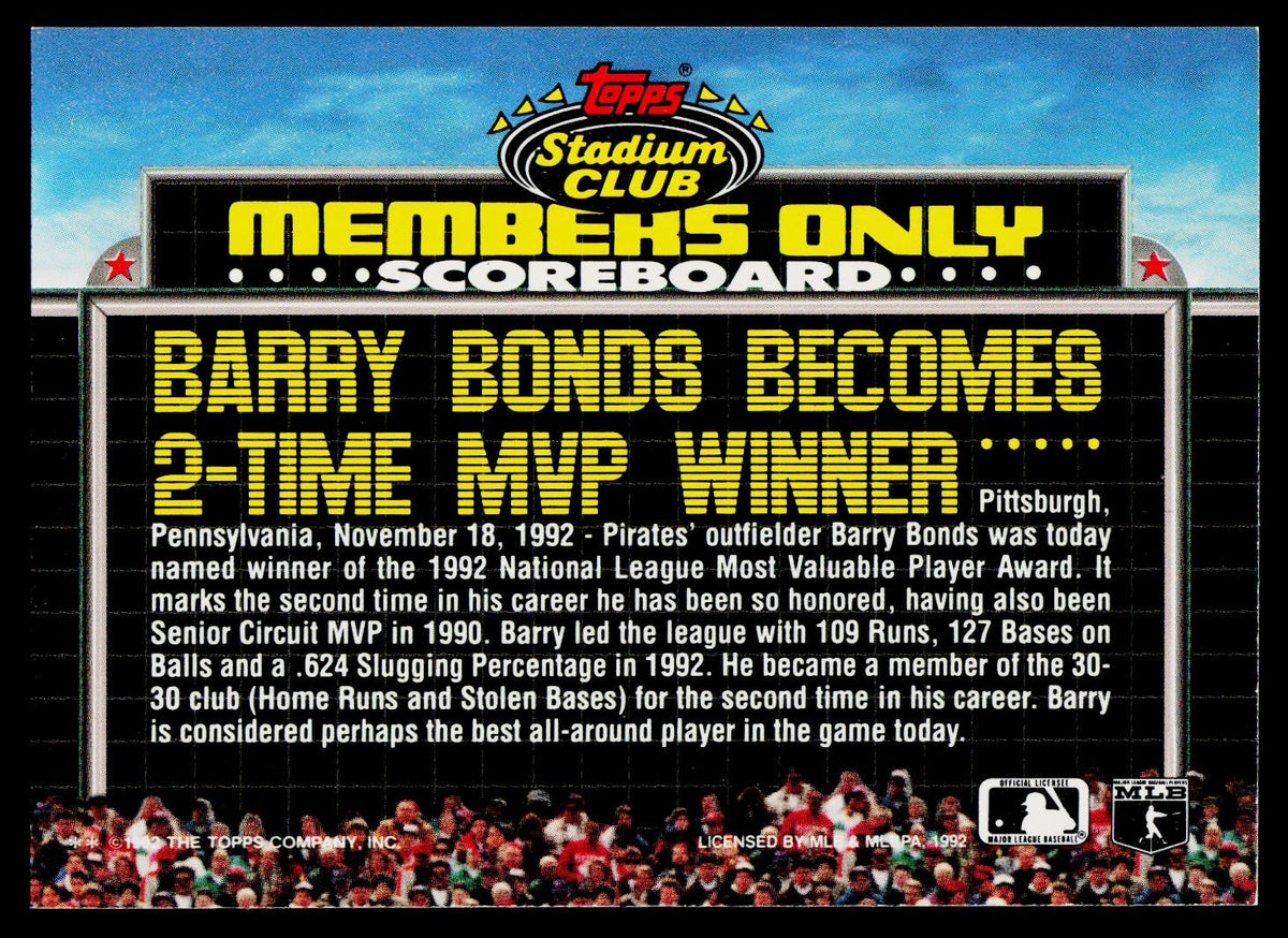 1992 Stadium Club Members Only #NNO Barry Bonds