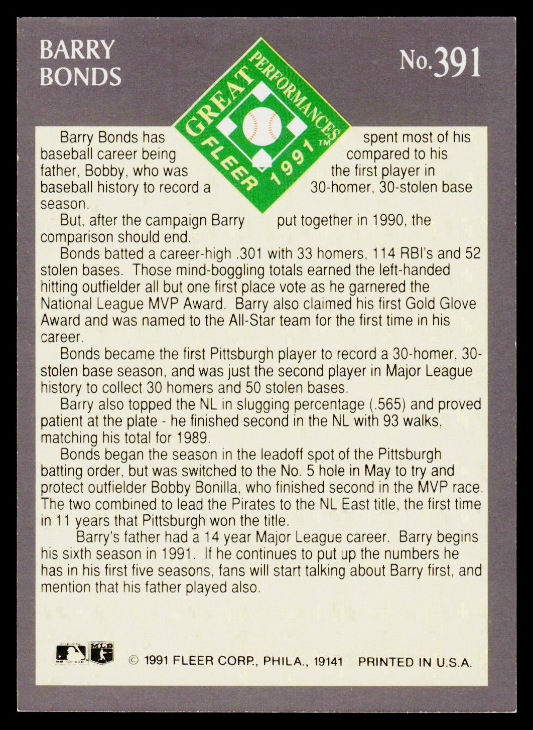 1991 Ultra #391 Barry Bonds