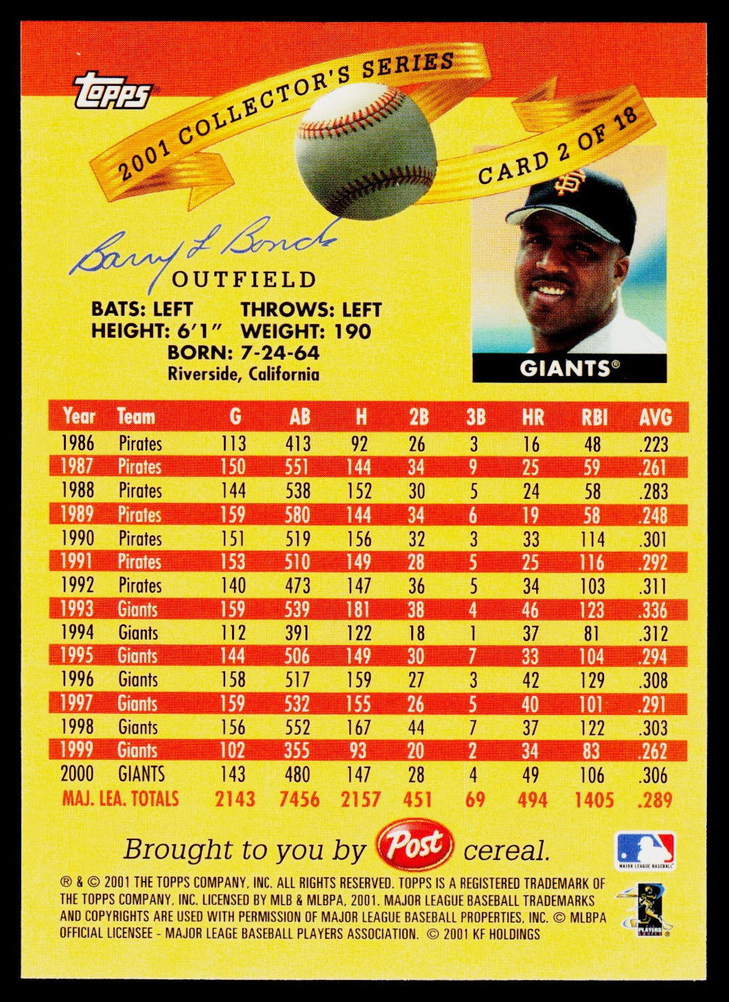 2001 Topps Post Cereal #2 Barry Bonds