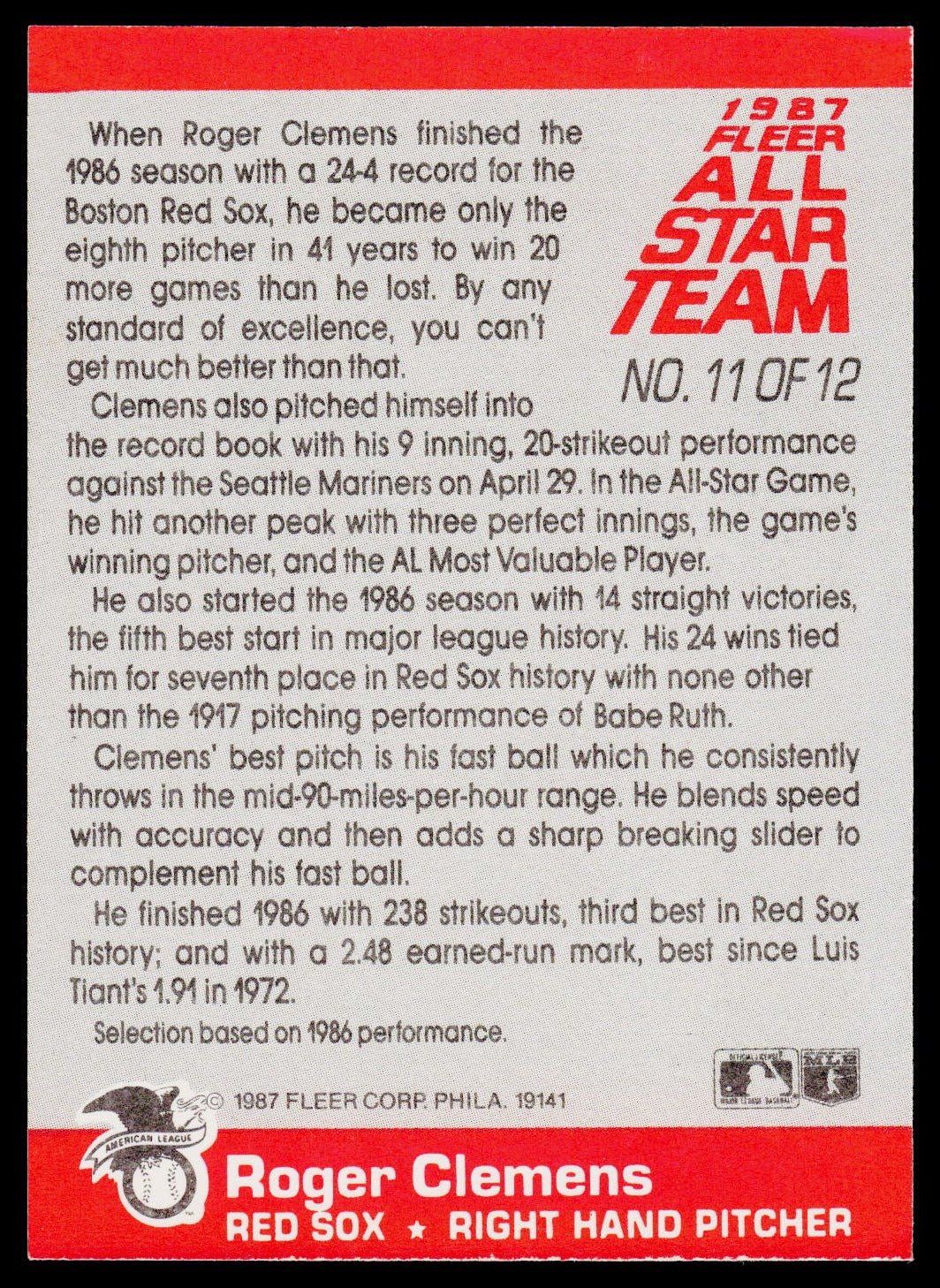 1987 Fleer #11 Roger Clemens Fleer All Star Team
