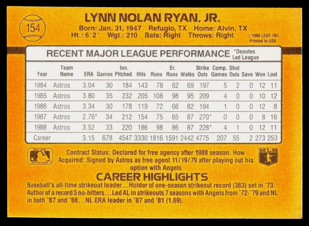 1989 Donruss #154 Nolan Ryan
