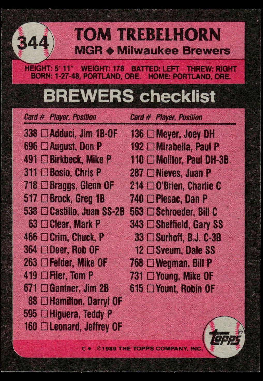 1989 Topps #344 Tom Trebelhorn