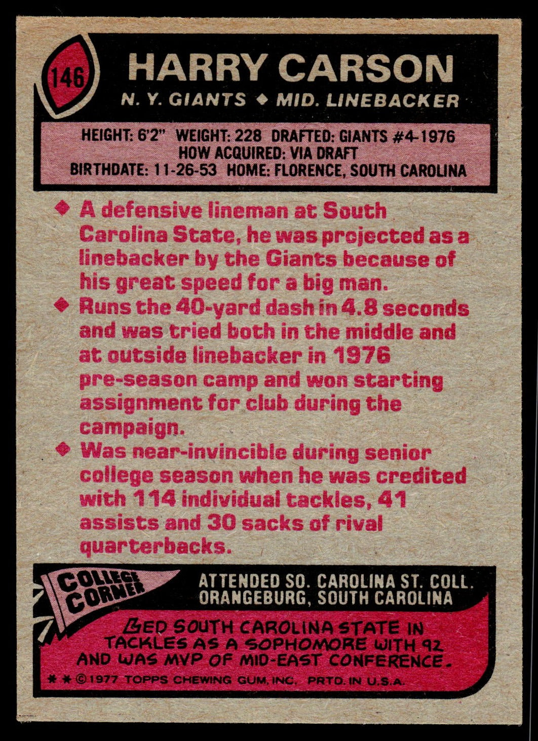 1977 Topps #146 Harry Carson