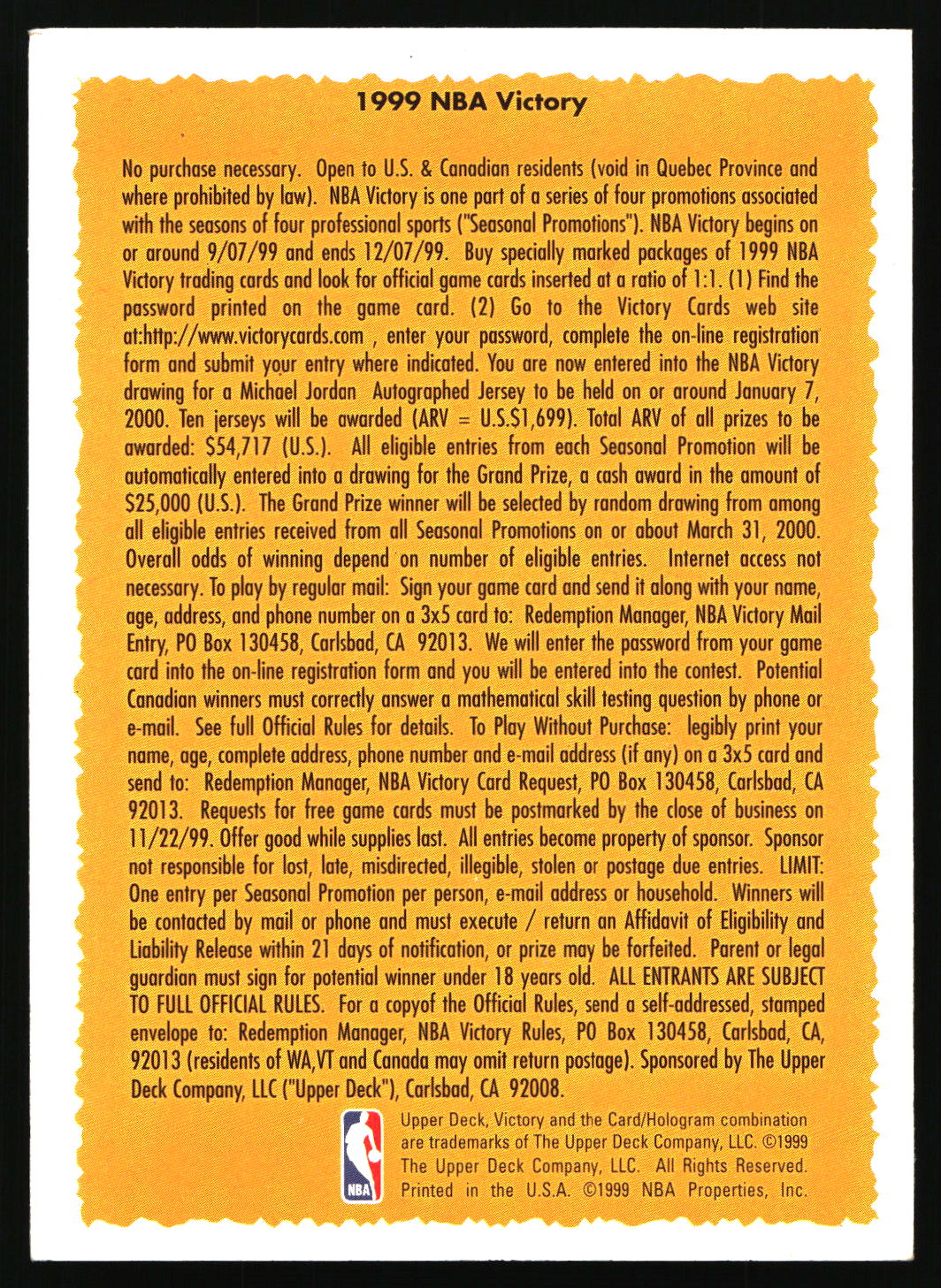 Back of a 1999 NBA Victory collectible card, featuring a large tan parchment-style box with black text detailing eligibility, prize money, and submission instructions, with the NBA logo at the top and sponsor logos at the bottom.