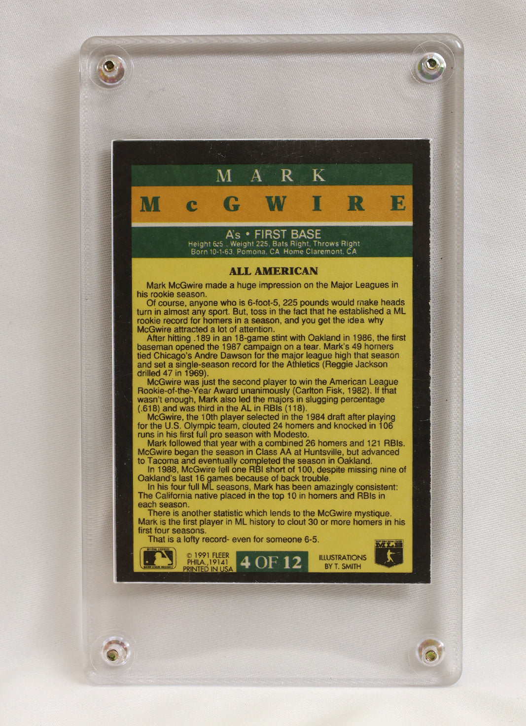 back of Mark McGwire trading card with player bio. card 4 of 12
