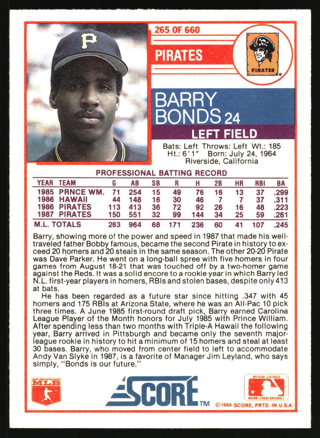 A vintage baseball trading card back for the 1988 Pittsburgh Pirates player Barry Bonds, showing his career batting record, biographical text, and a Score brand logo at the bottom.