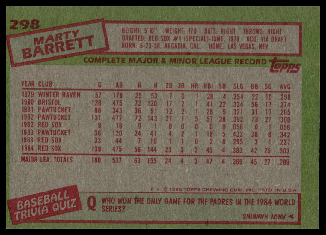 1985 Topps #298 Marty Barrett