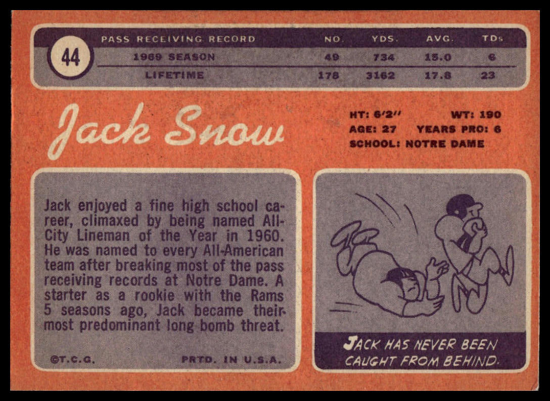 A vintage baseball trading card featuring Jack Snow, with an orange background, white and purple text boxes, and a small gray illustration in the lower right.