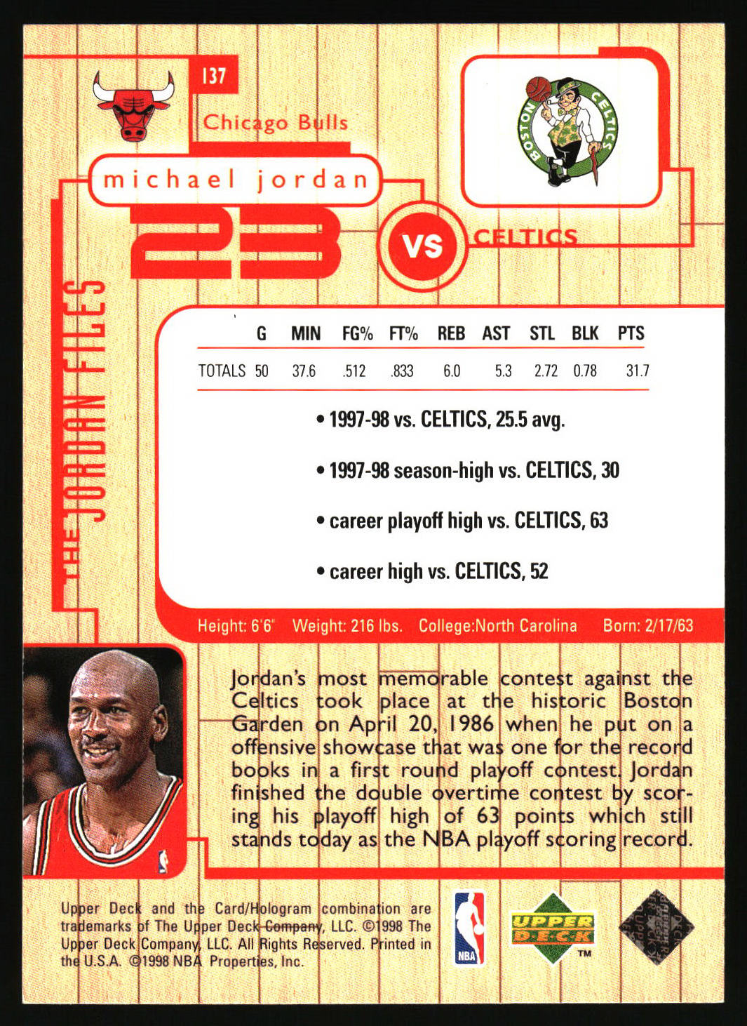 A vintage 1998-99 NBA trading card back for Michael Jordan, featuring a Chicago Bulls and Boston Celtics matchup design with a basketball court background, player stats, a photo of Jordan, and NBA and Upper Deck logos.