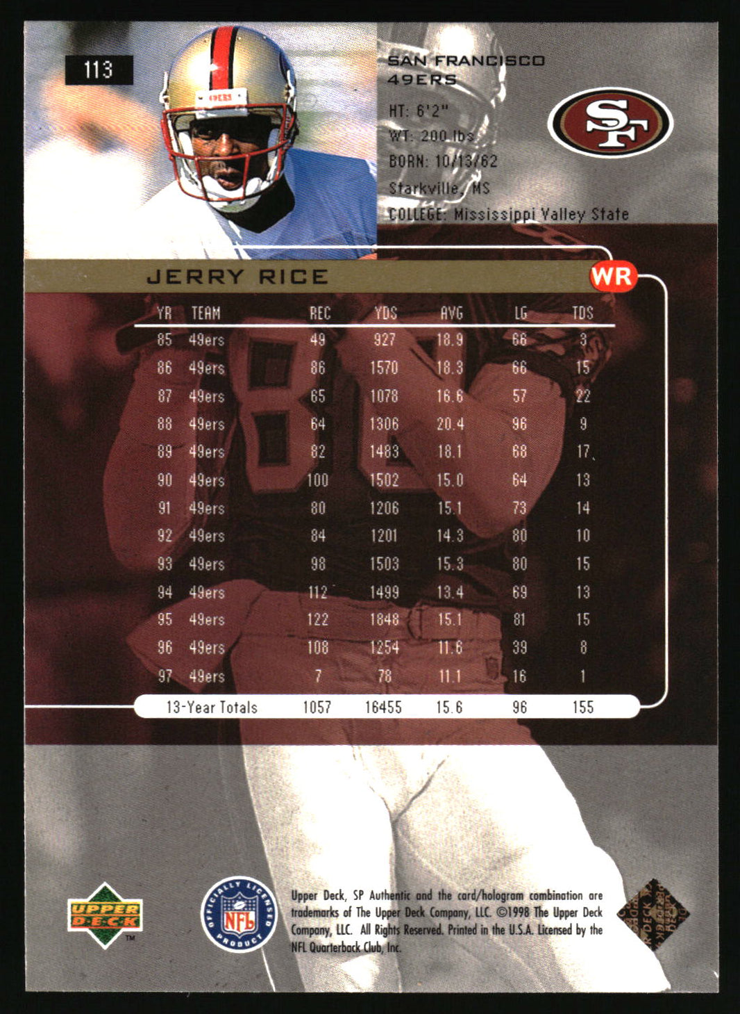 1998 SP Authentic #113 Jerry Rice