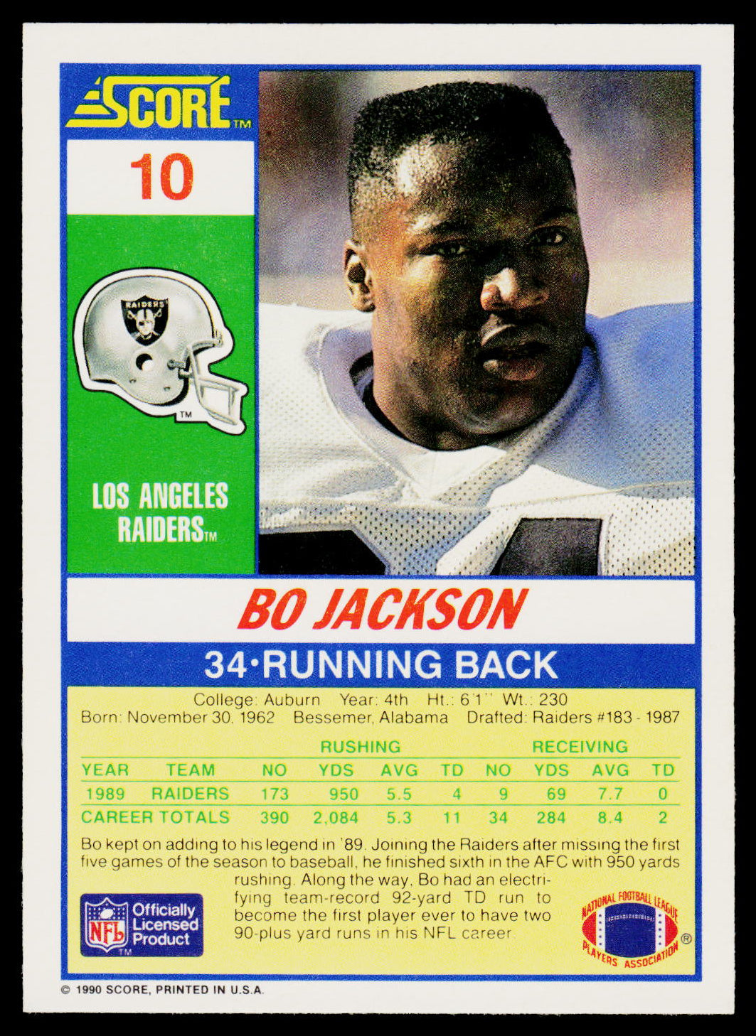A vintage football trading card featuring Bo Jackson, with a portrait photo, team statistics, and the Los Angeles Raiders logo on a white background.