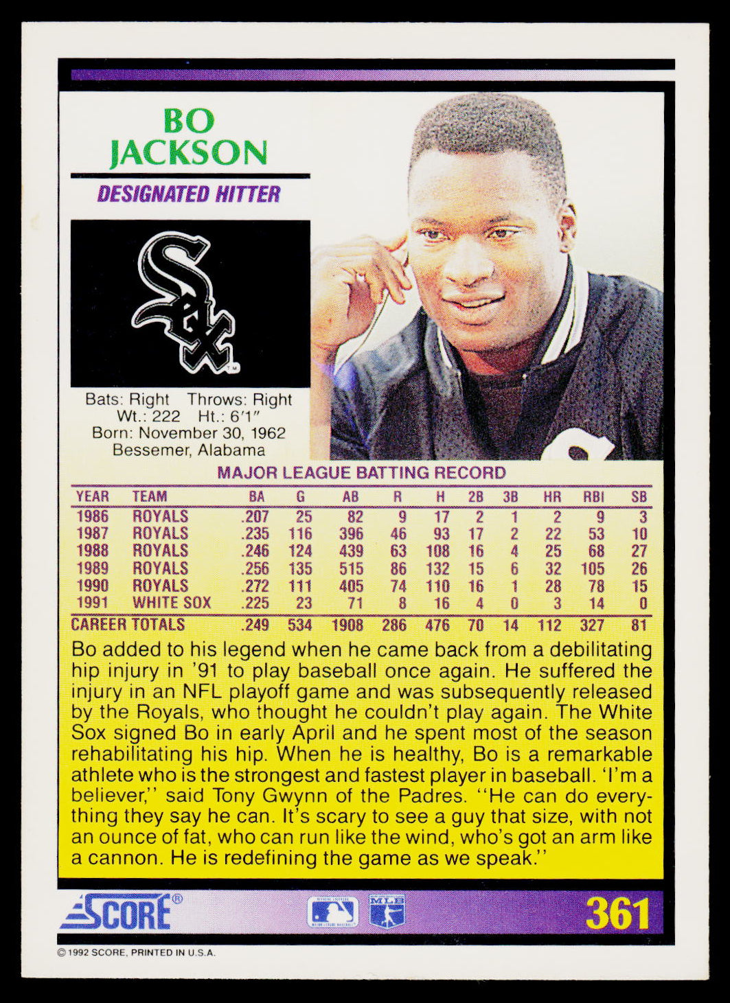 A baseball trading card featuring Bo Jackson, with a photo of him in a cap and team uniform, plus text and statistics on a white background.