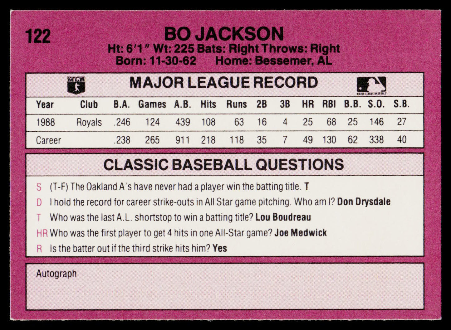 A vintage baseball record card for Bo Jackson, showing his major league record and classic baseball questions on a pink background.