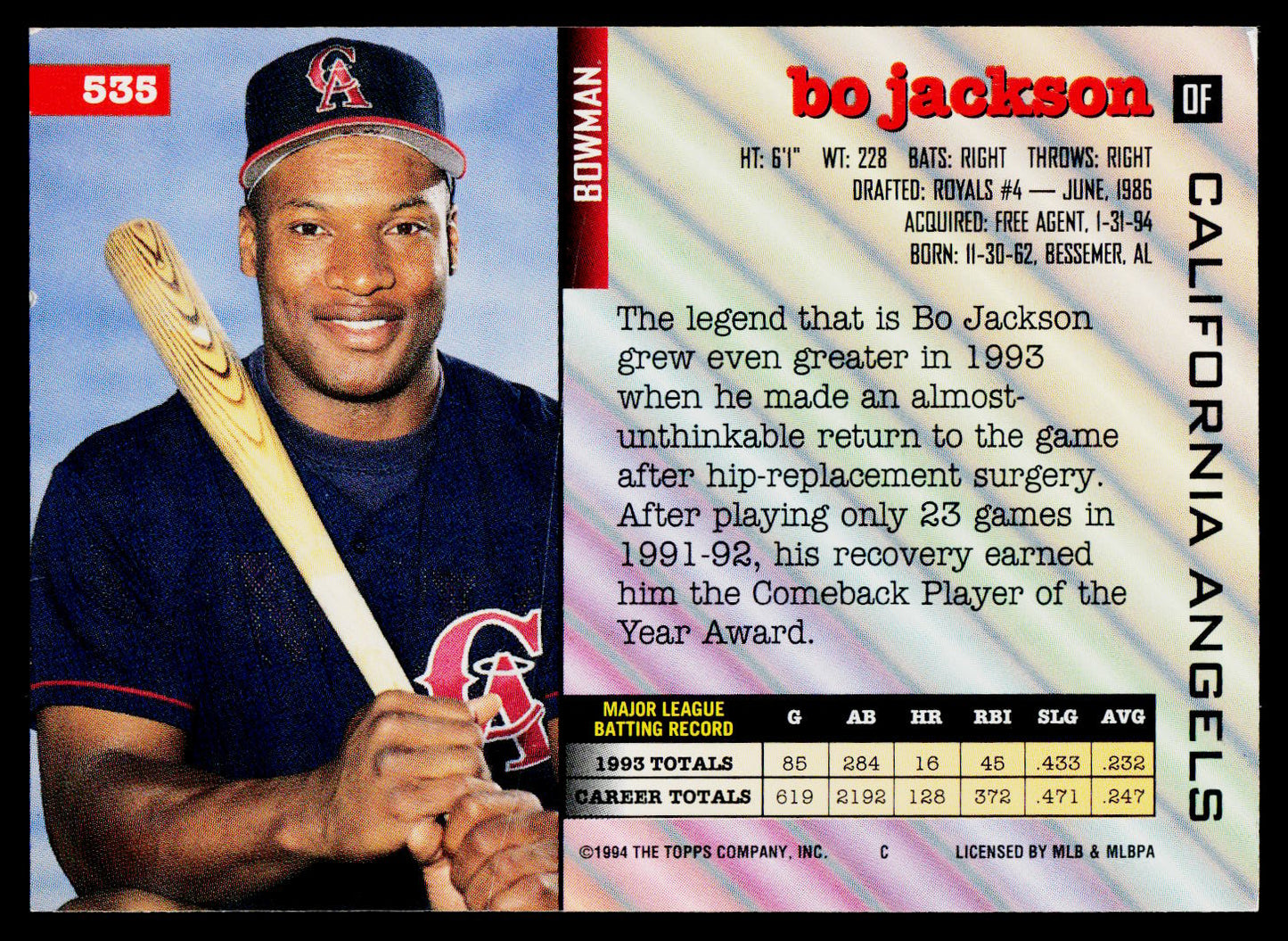 A baseball trading card featuring Bo Jackson of the California Angels, with a portrait, player statistics, and team branding on a white background.