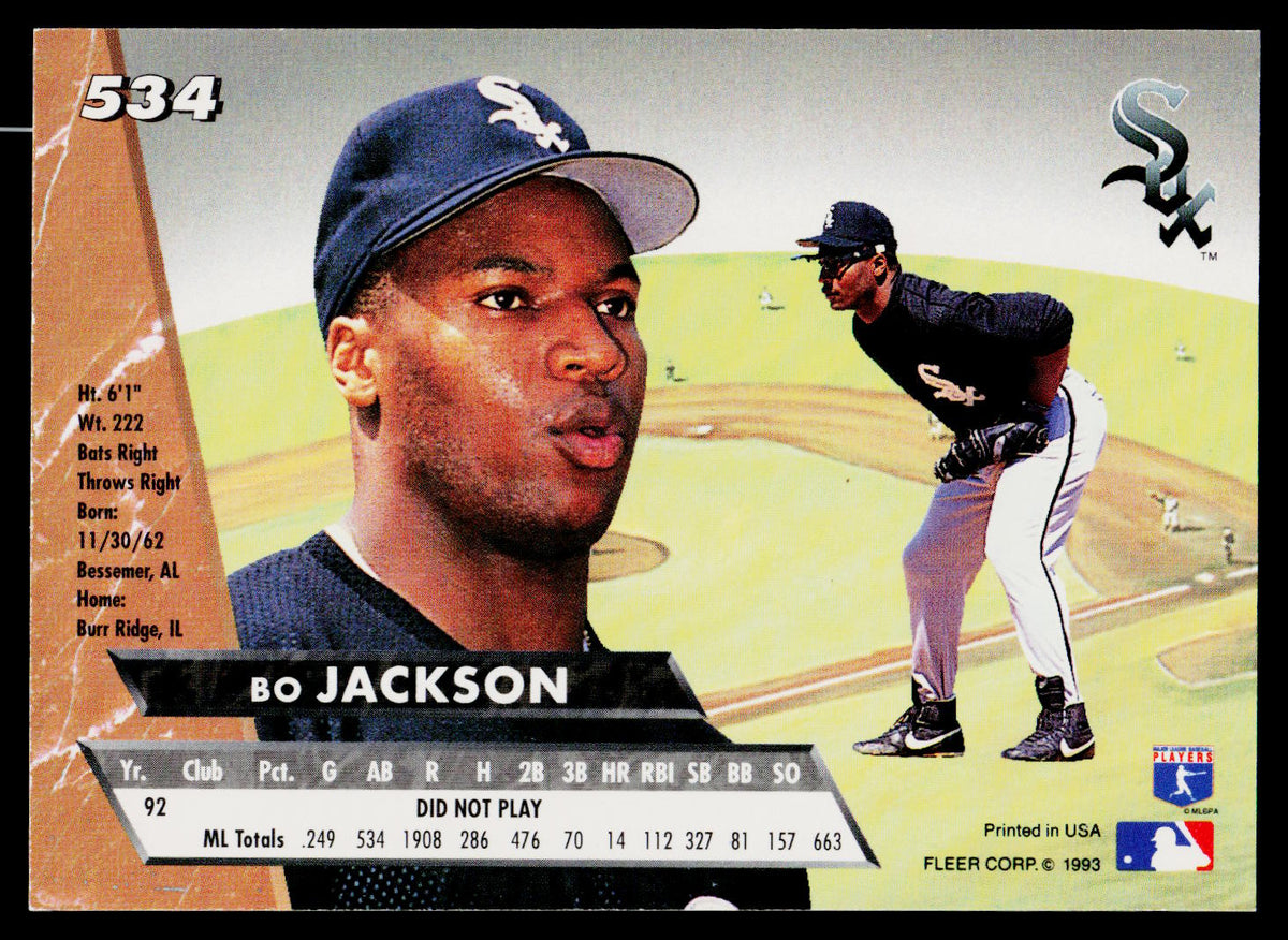 A vintage baseball trading card featuring Bo Jackson, with his name, player statistics, and a photo of him in a Chicago White Sox uniform. The card has a tan border and a white lower section.