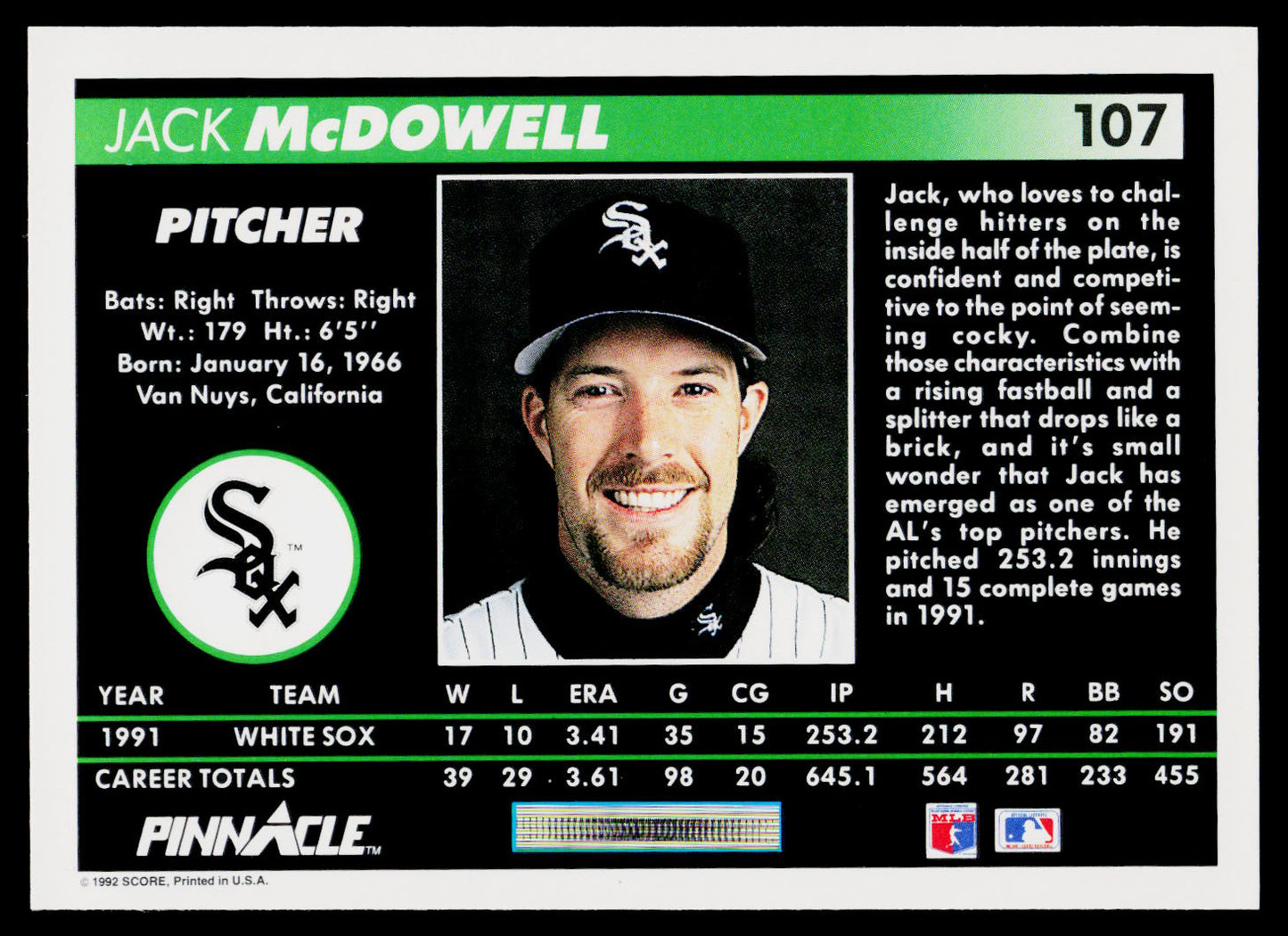 1992 Pinnacle #107 Jack McDowell