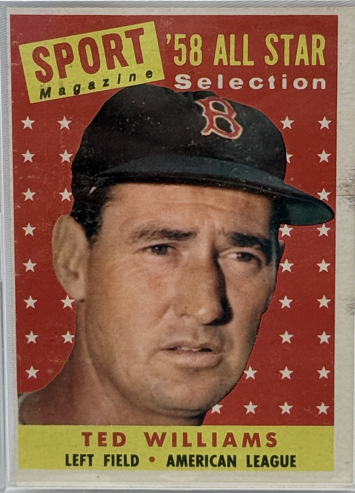 A vintage 1958 Baseball Magazine 'All Star Selection' card featuring Ted Williams. The card has a red background with white stars, a yellow 'SPORT Magazine' logo, and a portrait of Williams wearing a Boston Red Sox cap.