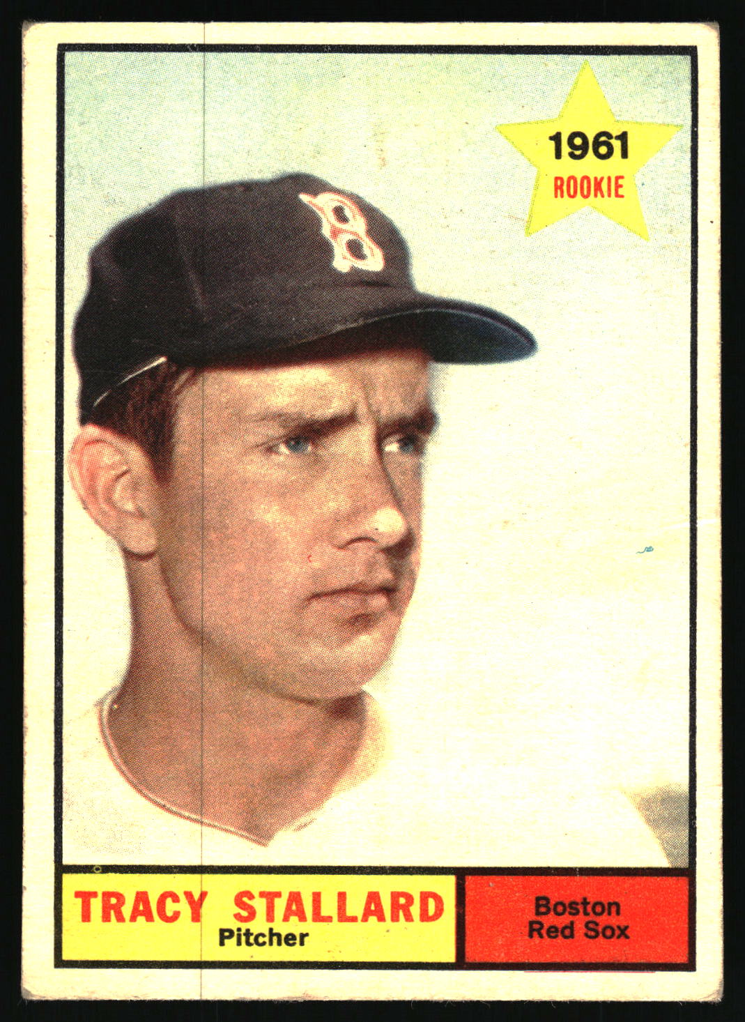 Vintage 1961 baseball trading card featuring Tracy Stallard of the Boston Red Sox. The card shows a portrait of the player in a dark cap with a red 'B' logo, with text boxes at the bottom reading 'TRACY STALLARD Pitcher' and 'Boston Red Sox', plus a yellow star reading '1961 ROOKIE'.