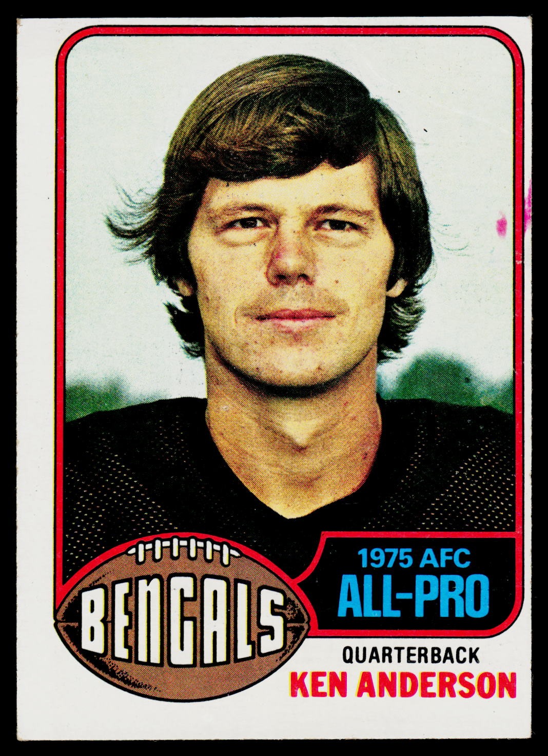 A vintage 1975 Cincinnati Bengals football trading card featuring Ken Anderson, a quarterback who was All-Pro in 1975. The card has a white border with a red inner frame, a portrait of Ken Anderson in a black jersey, and text reading '1975 AFC ALL-PRO', 'BENGALS', and 'KEN ANDERSON'.