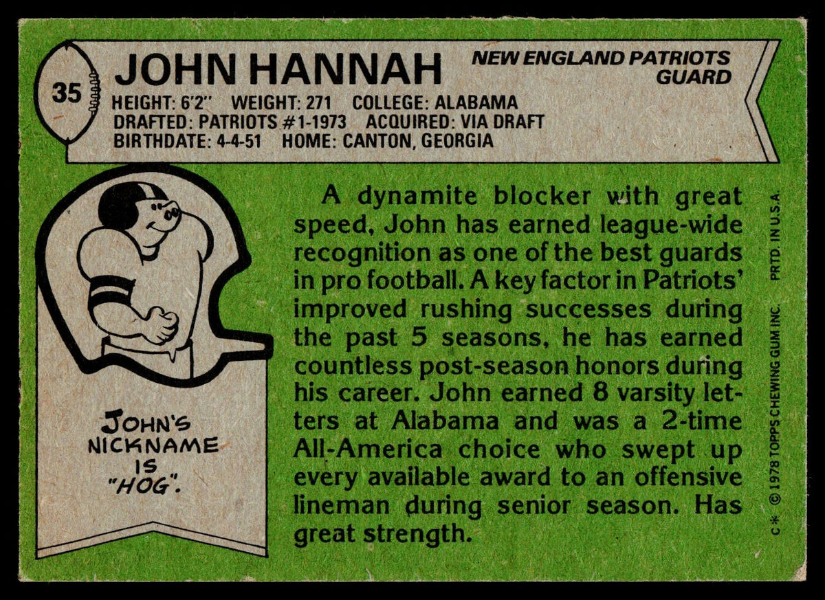 Vintage John Hannah football trading card back, showing player stats, a cartoon illustration labeled 'Hog,' and biographical text on a green and cream background.