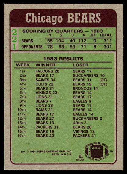 1984 Topps #221 Bears Team Leaders - Walter Payton