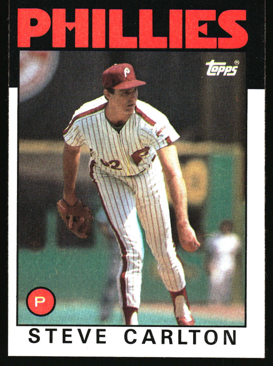 A vintage Topps baseball trading card featuring Steve Carlton of the Philadelphia Phillies. The card has a black border with red 'PHILLIES' text at the top, a photo of Carlton in his Phillies uniform, and his name printed at the bottom.