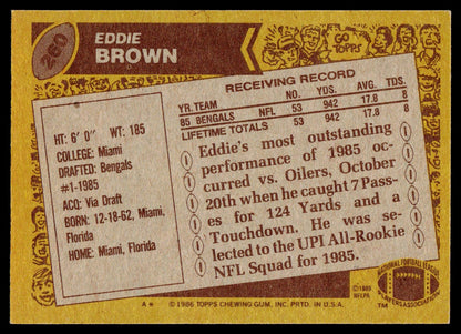 A vintage 1986 Topps Eddie Brown football trading card back, showing his receiving record, physical stats, and NFL team information on a tan and dark brown background.