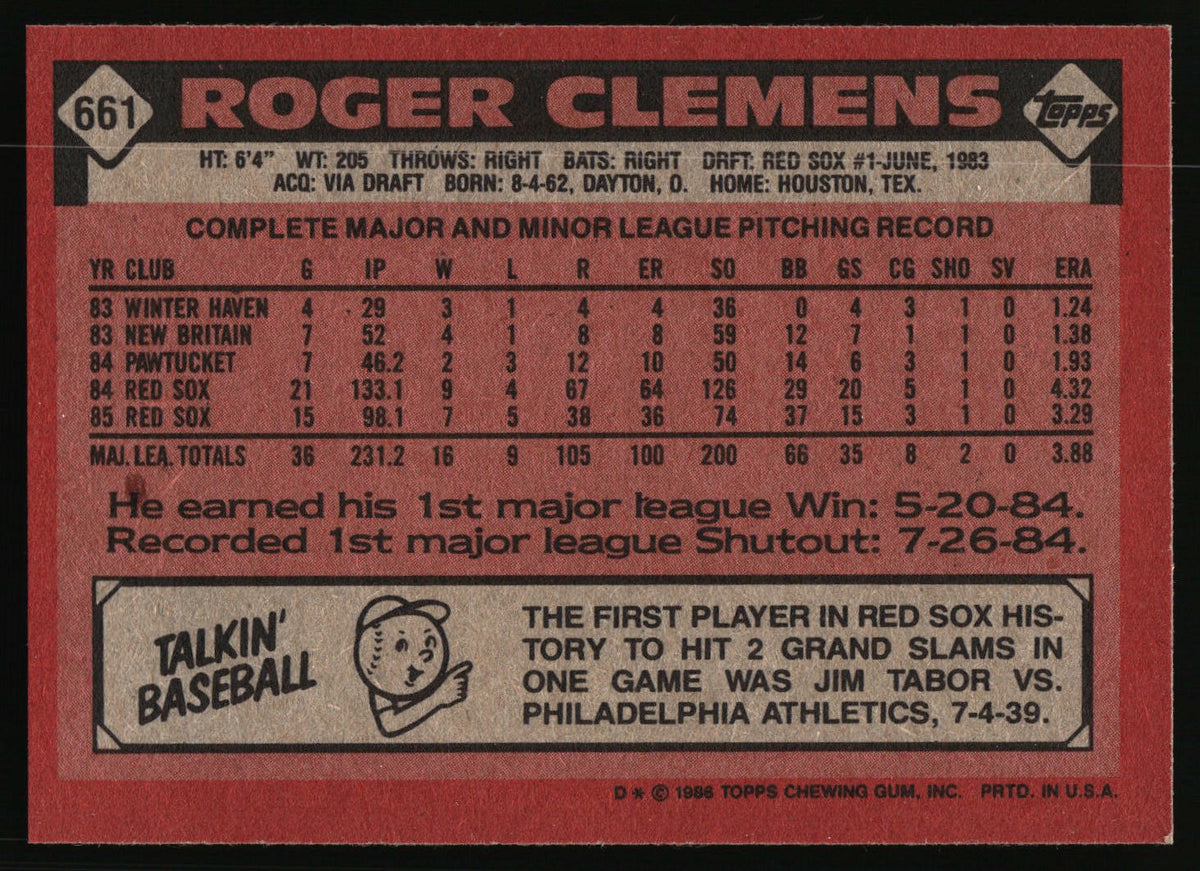 Back of a  Roger Clemens baseball trading card, featuring his player stats, career record, and a 'Talkin' Baseball' box at the bottom on a red background.