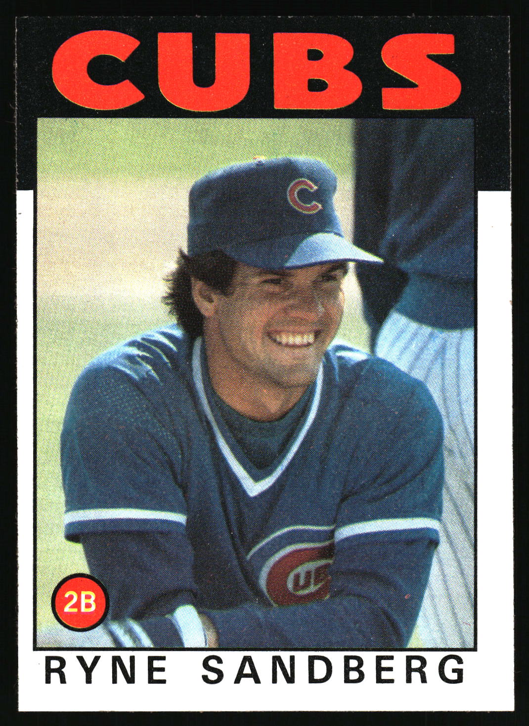 A vintage Chicago Cubs baseball trading card featuring Ryne Sandberg. The card has a black border with the word 'CUBS' in large red letters at the top, a photo of Sandberg in a blue Cubs uniform and cap smiling, and his name printed at the bottom.