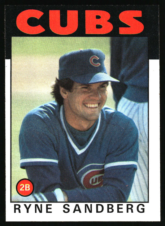 A vintage Chicago Cubs baseball trading card featuring Ryne Sandberg. The card has a black border with the word 'CUBS' in large red letters at the top, a photo of Sandberg in a blue Cubs uniform and cap smiling, and his name printed at the bottom.