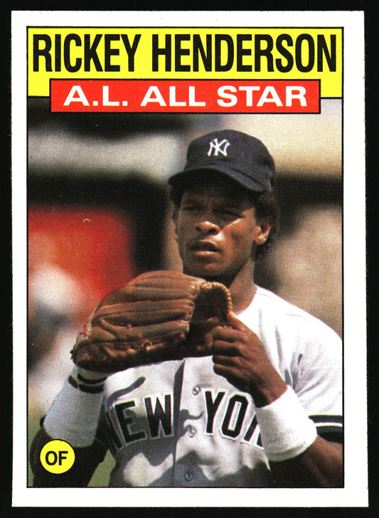 A vintage baseball trading card featuring Rickey Henderson with the text 'RICKEY HENDERSON' and 'A.L. ALL STAR'