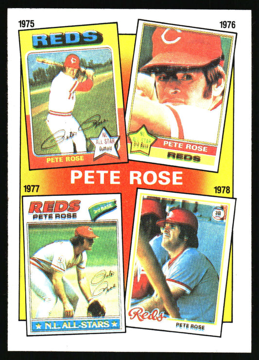 A Pete Rose baseball trading card set showing four vintage Cincinnati Reds cards from 1975 to 1978, with his name printed across the center on a white background.