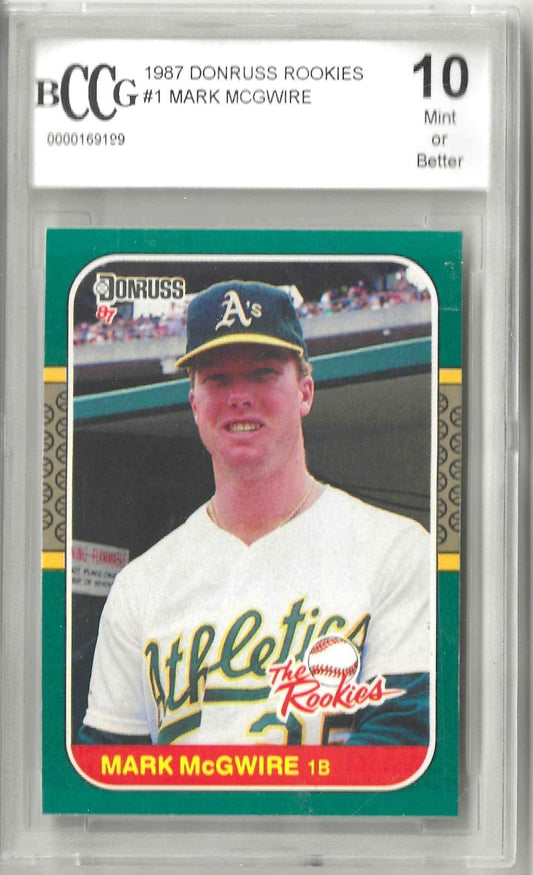 Vintage trading card featuring Mark McGwire in an Athletics uniform. Grade 10 GEM MINT