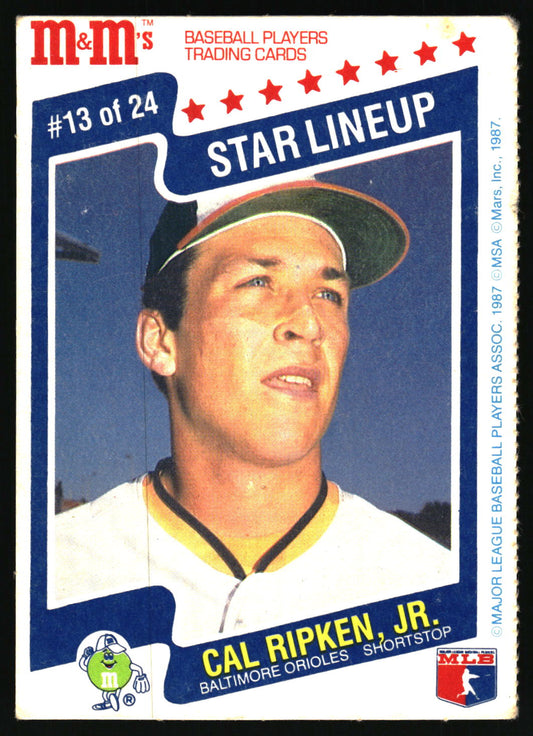 A vintage M&M's baseball trading card featuring Cal Ripken, Jr., from the Baltimore Orioles.