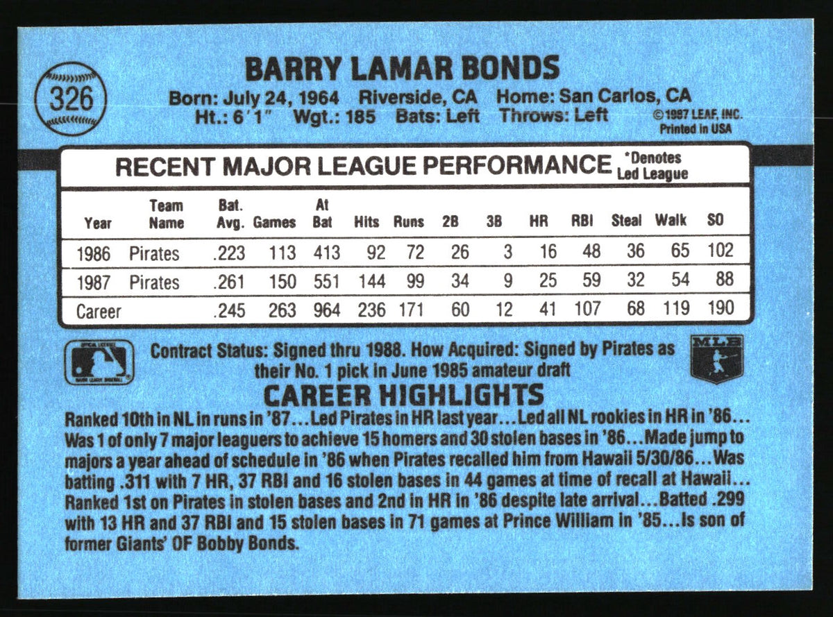 Back of a Barry Lamar Bonds baseball trading card with a light blue background, player statistics, career highlights, and a small MLB logo.