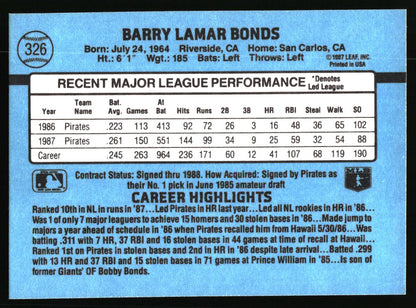 Back of a Barry Lamar Bonds baseball trading card with a light blue background, player statistics, career highlights, and a small MLB logo.