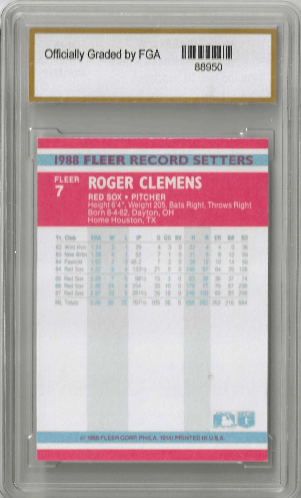 Back of vintage trading card showing stats for Roger Clemens