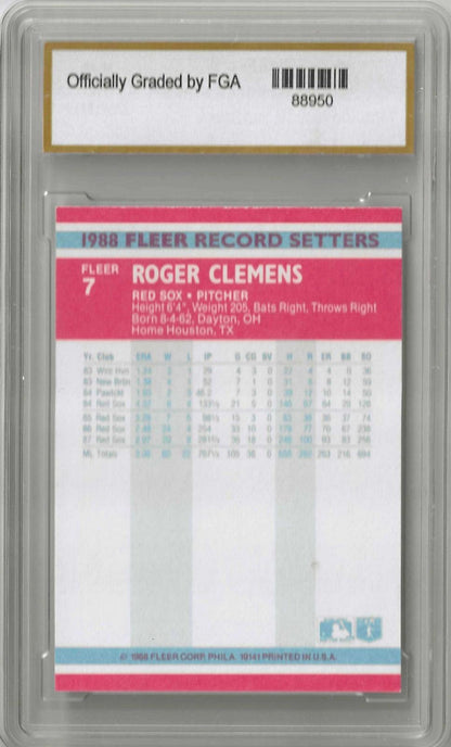Back of vintage trading card showing stats for Roger Clemens